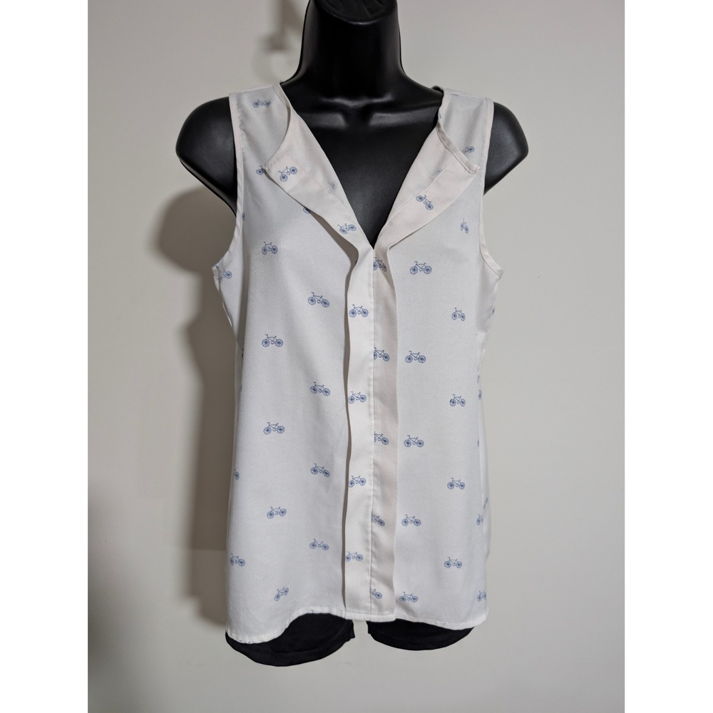 Fun 2 Fun Women's Sleeveless Top Bike Bicycle Print Button Down Blouse Small